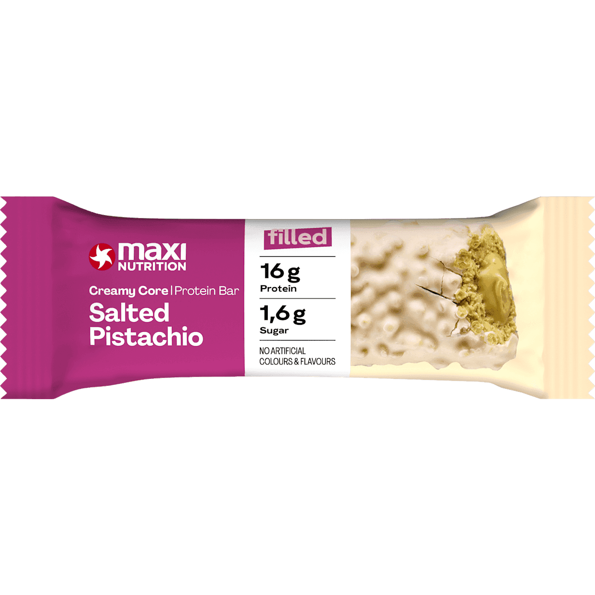 maxi NUTRITION Barres protéinées Creamy Core Salted Pistachio, 45 g — produit allemand authentique au Maroc