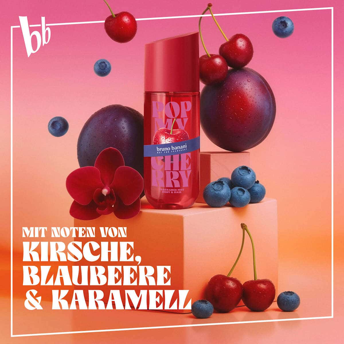 bruno banani Pop my Cherry Brume corporelle Body & Hair Mist, 236 ml (bruno banani Pop my Cherry Körperspray Body & Hair Mist, 236 ml) — produit allemand authentique au Maroc