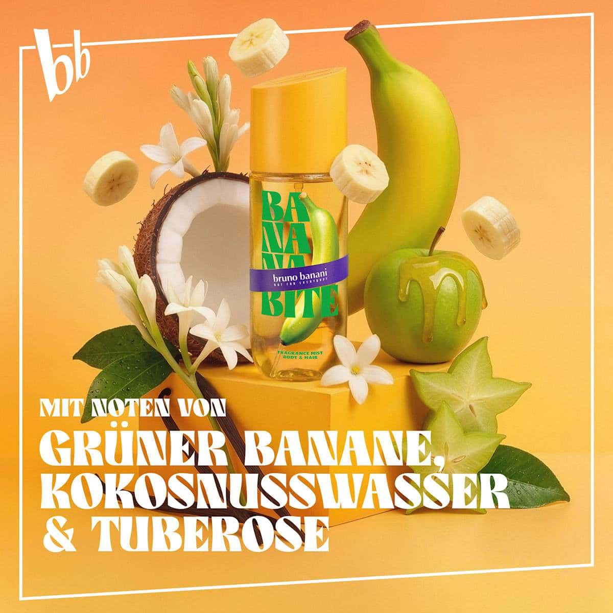 bruno banani Banana Bite Brume body Bodymist, 236 ml (bruno banani Banana Bite Körperspray Bodymist, 236 ml) — authentic German product in Morocco