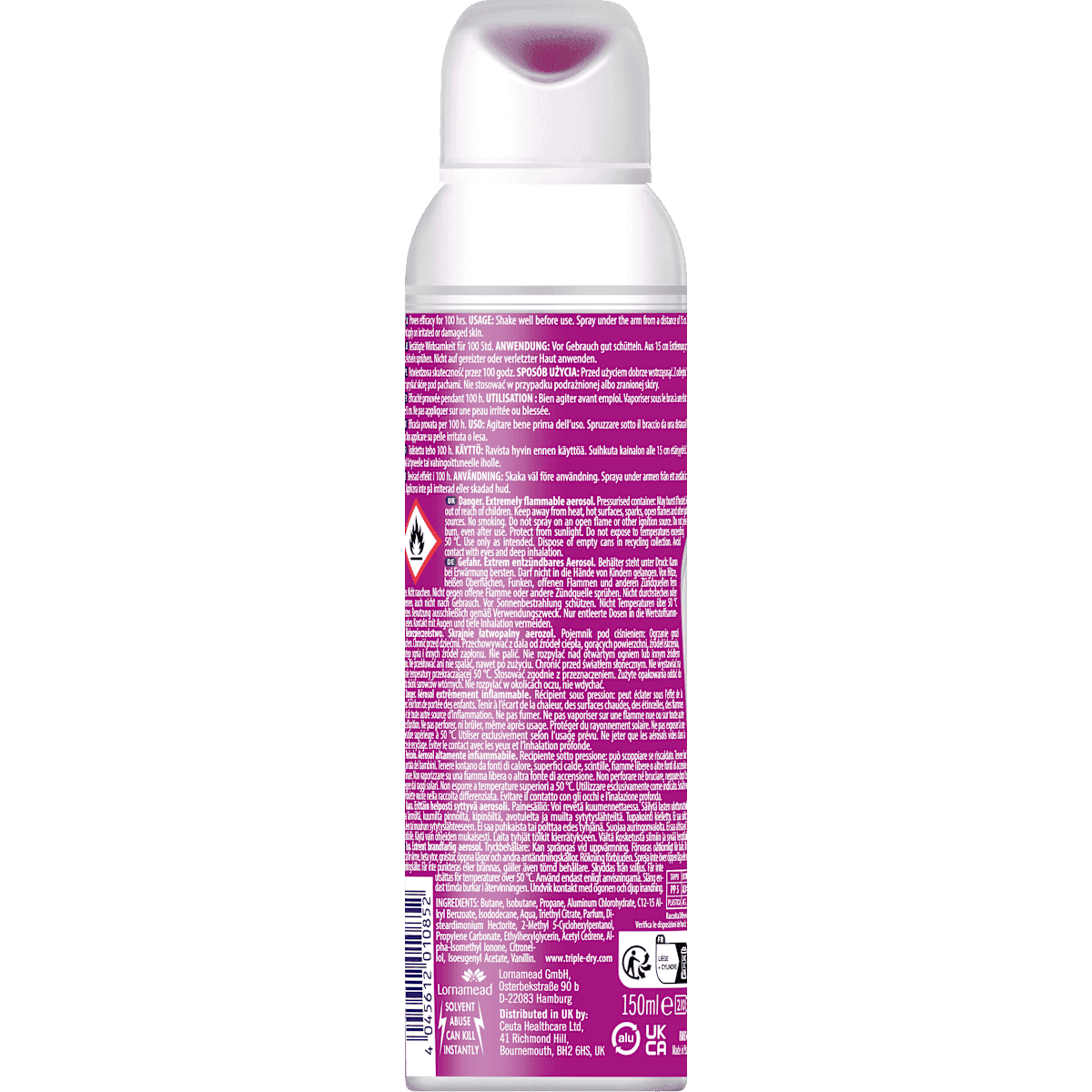 Triple Dry anti-transpirant Déodorant spray Fresh, 150 ml (Triple Dry Antitranspirant Deospray Fresh, 150 ml) — produit allemand authentique au Maroc