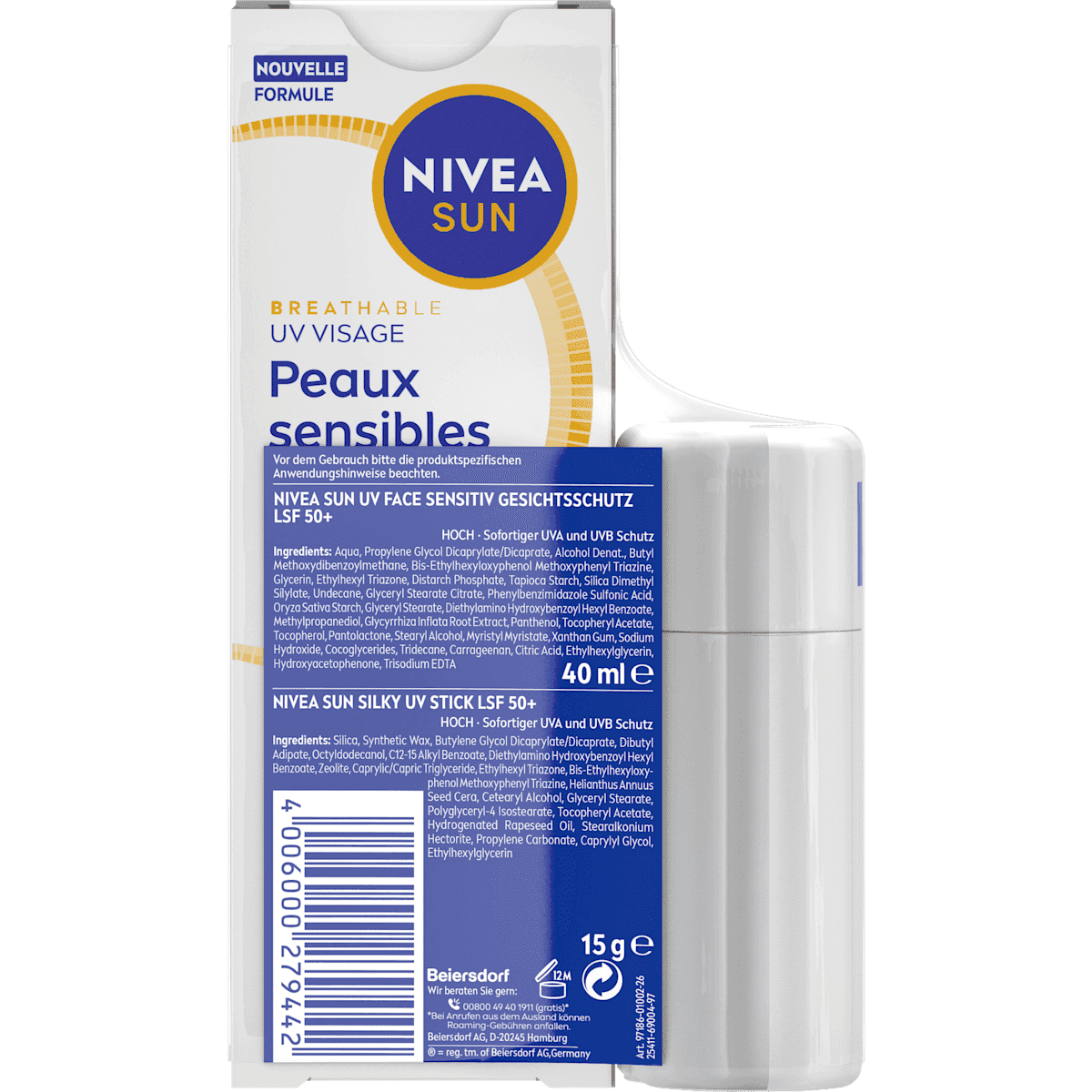 NIVEA SUN Fluide solaire sensitiv visage LSF 50+ & Stick solaire sensitiv LSF 50+, 1 pièce (NIVEA SUN Sonnenfluid sensitiv Gesicht LSF 50+ & Sonnenstick sensitiv LSF 50+, 1 St) — produit allemand authentique au Maroc