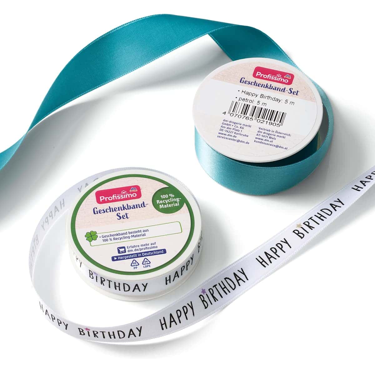 Profissimo Ribbon cadeau Set Happy Birthday blue pétrole, 10 m (Profissimo Geschenkband Set Happy Birthday petrol, 10 m) — authentic German product in Morocco