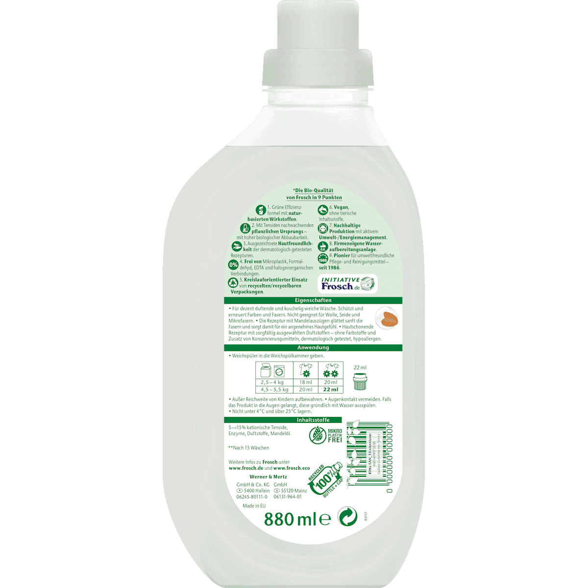 Frosch Assouplissant milk d'amande 40lavages, 880 ml (Frosch Weichspüler Mandelmilch 40WL, 880 ml) — authentic German product in Morocco
