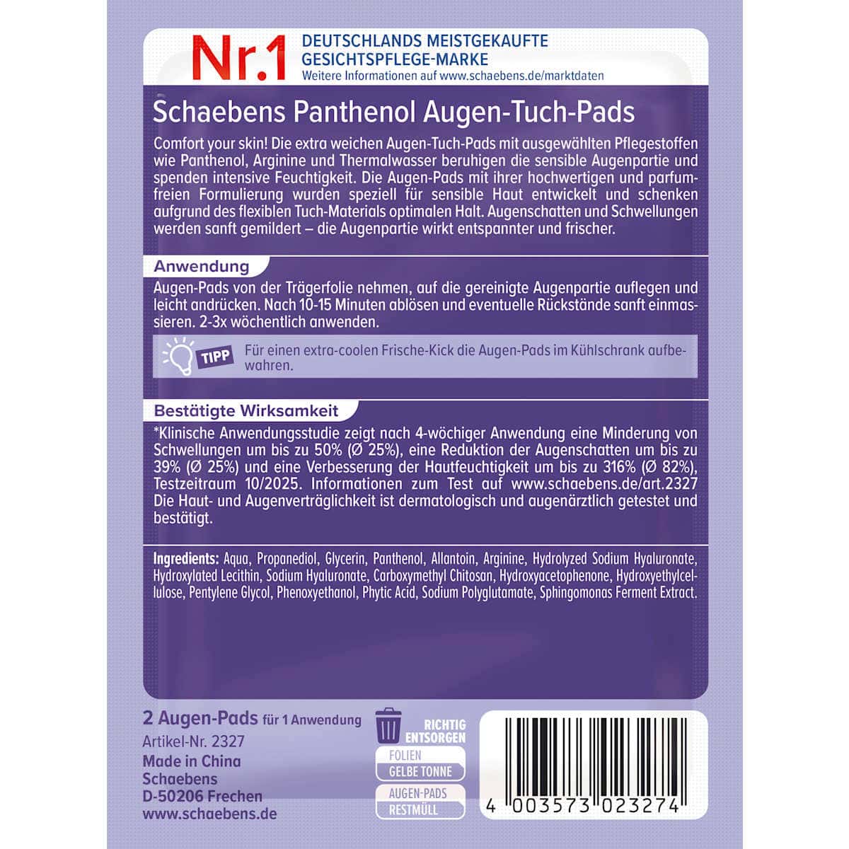 Schaebens Yeux Tuch-Pads Panthenol (1 paire), 2 pièces (Schaebens Augen Tuch-Pads Panthenol (1 Paar), 2 St) — منتج ألماني أصلي في المغرب