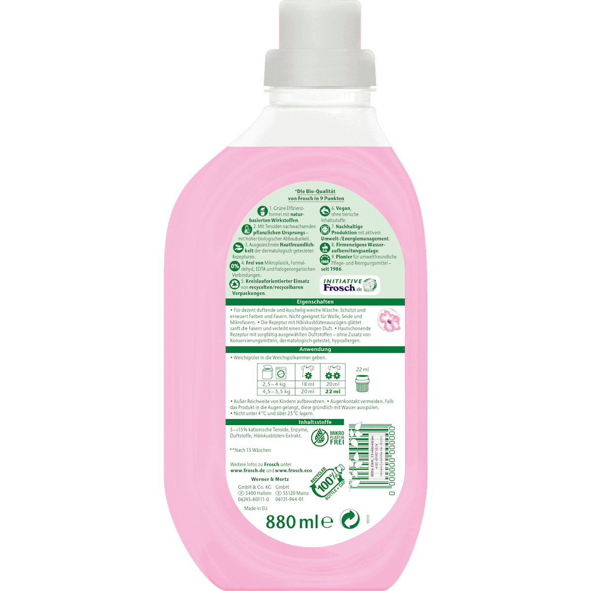 Frosch Assouplissant flower d'hibiscus 40 lavages, 880 ml (Frosch Weichspüler Hibiskusblüte 40WL, 880 ml) — authentic German product in Morocco