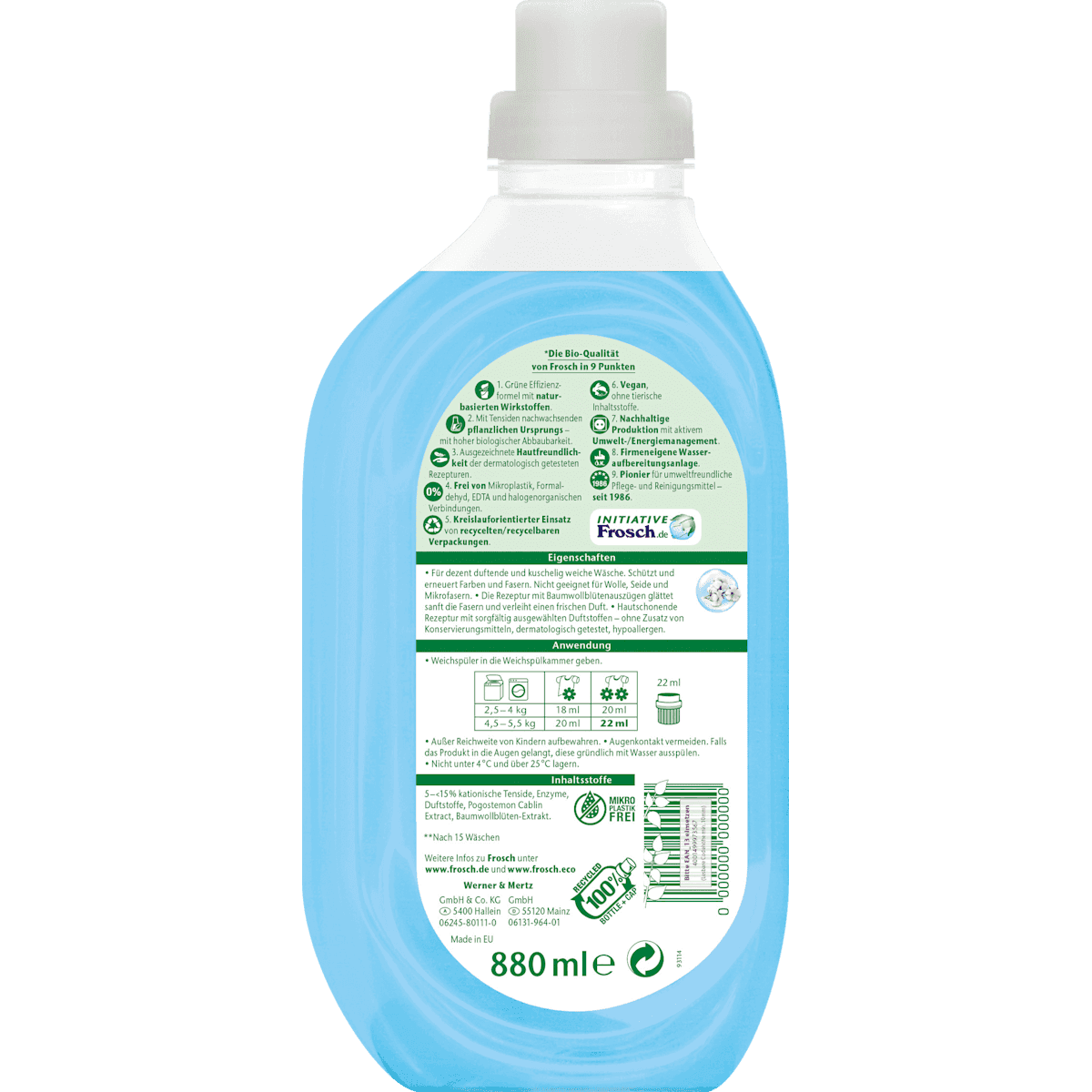 Frosch Assouplissant flowers cotton 40 lavages, 880 ml (Frosch Weichspüler Baumwollblüten 40WL, 880 ml) — authentic German product in Morocco