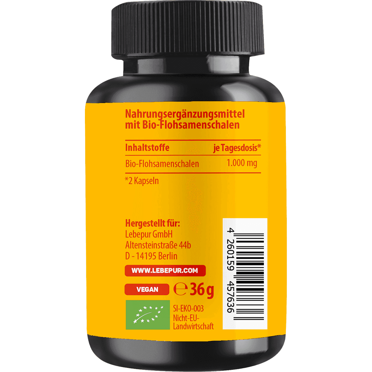 Lebepur bio téguments de psyllium gélules 60 pièces, 36 g (Lebepur Bio Flohsamenschalen Kapseln 60 St, 36 g) — produit allemand authentique au Maroc