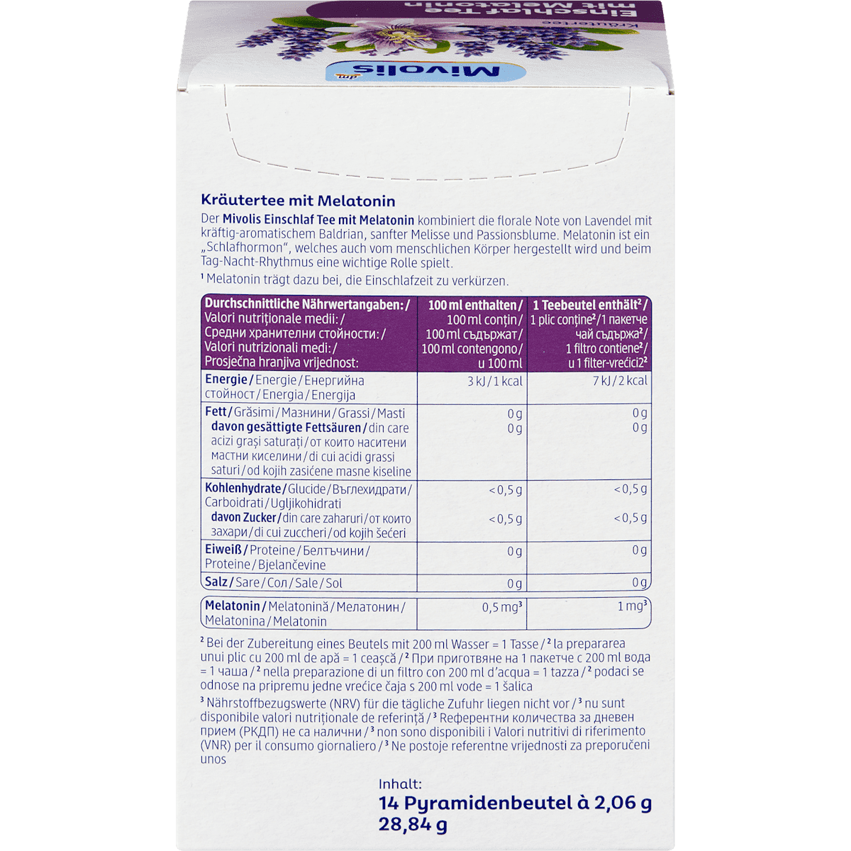 Mivolis Tisane, tisane sommeil avec Mélatonine (14 sachets), 28,84 g (Mivolis Kräutertee, Einschlaf Tee mit Melatonin (14 Beutel), 28,84 g) — produit allemand authentique au Maroc
