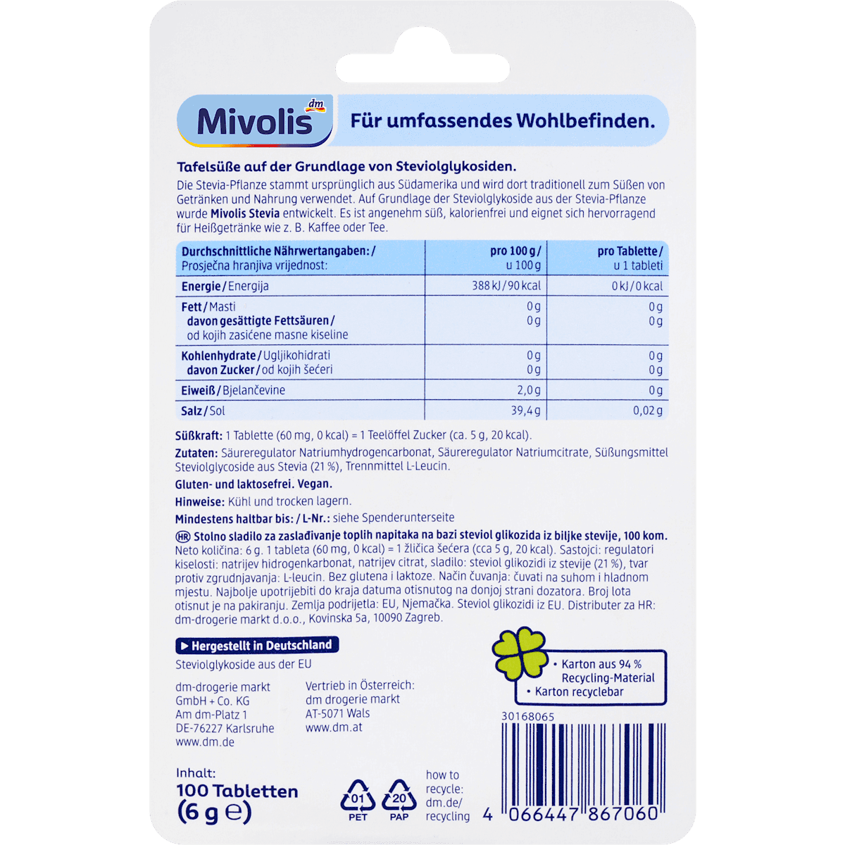 Mivolis Stevia comprimés, 100 pièces (Mivolis Stevia Tabletten, 100 St) — produit allemand authentique au Maroc