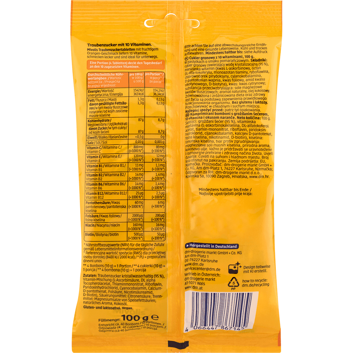 Mivolis Dextrose avec 10 vitamines, goût orange, 100 g (Mivolis Traubenzucker mit 10 Vitaminen, Orangen-Geschmack, 100 g) — produit allemand authentique au Maroc