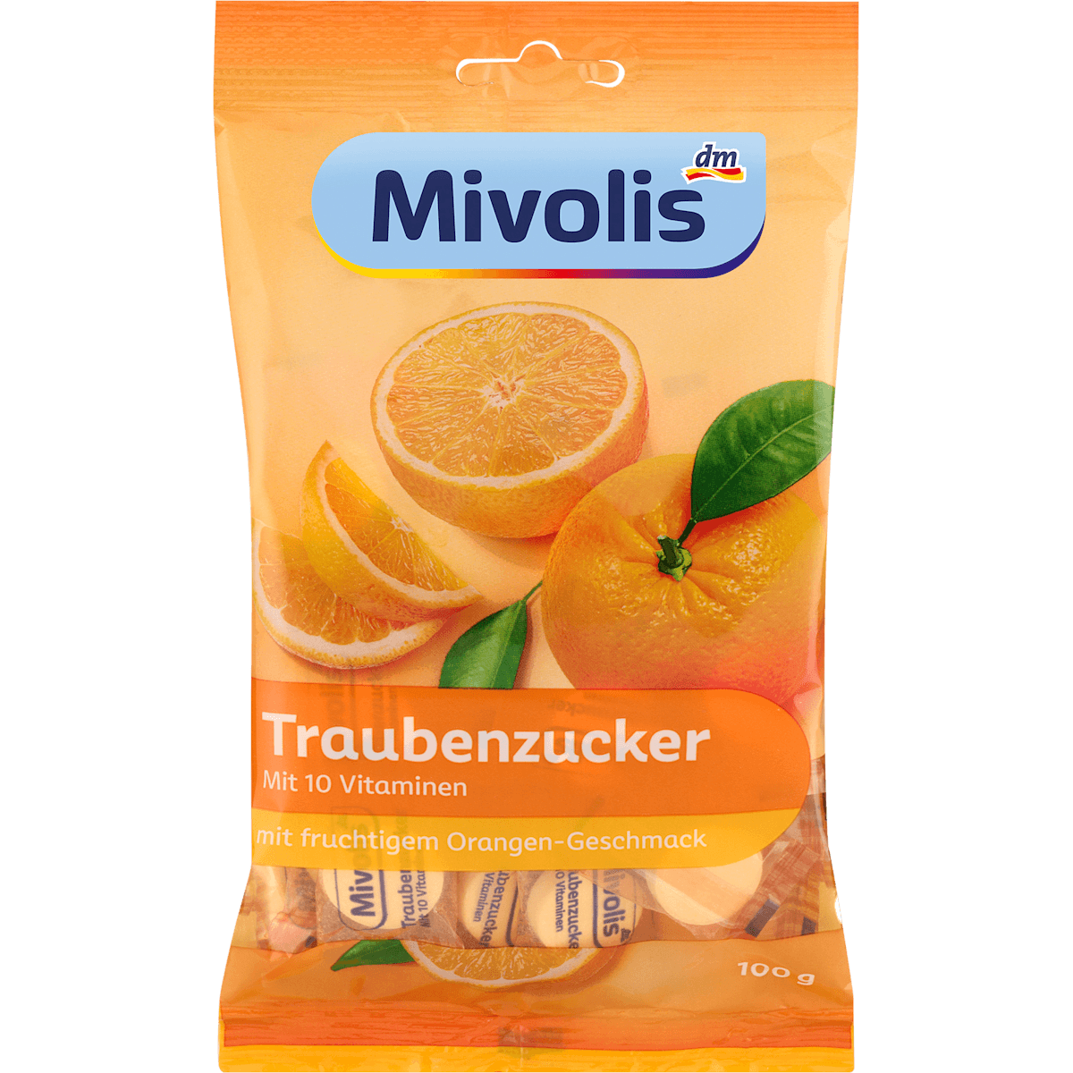 Mivolis Dextrose avec 10 vitamines, goût orange, 100 g — produit allemand authentique au Maroc