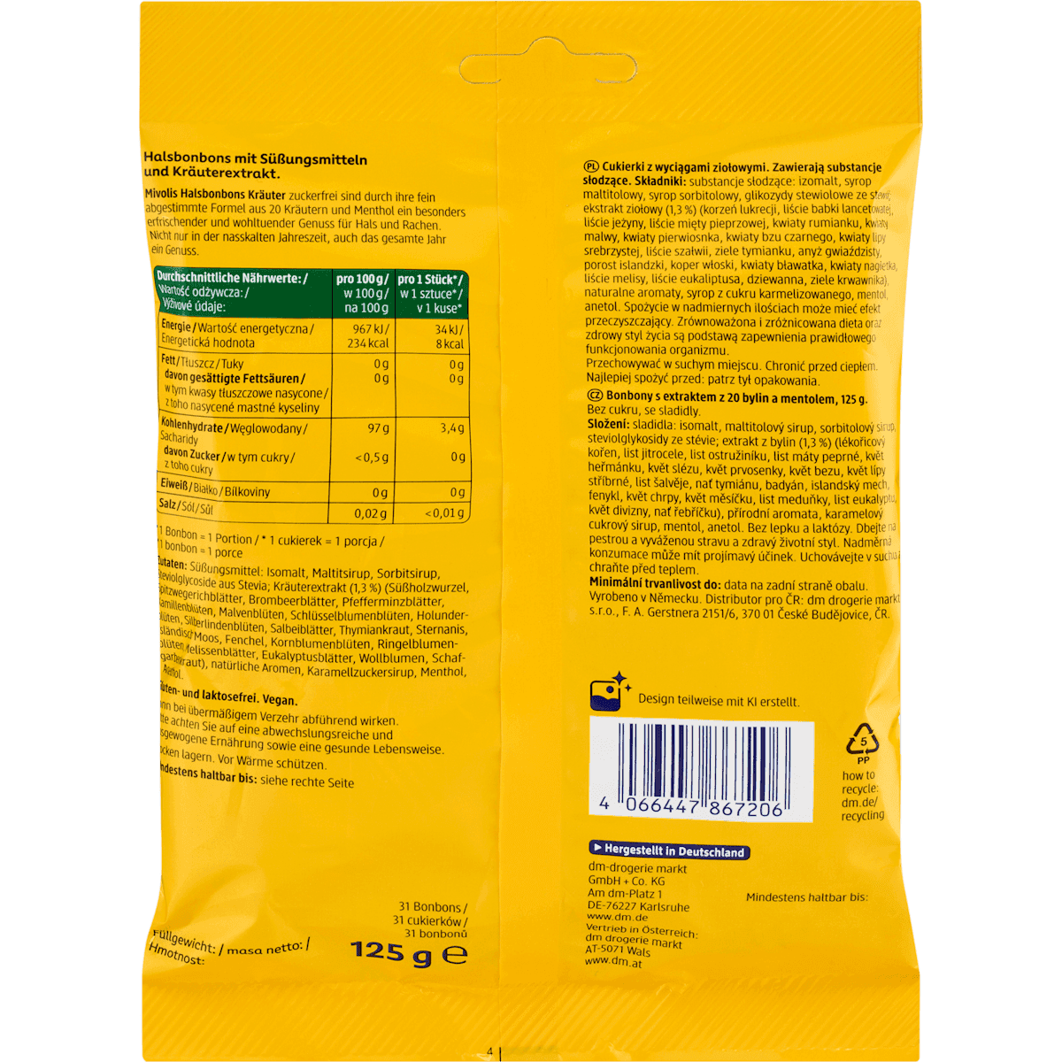 Mivolis Bonbons, Bonbons pour la gorge plantes, sans sucre, 125 g (Mivolis Bonbon, Halsbonbons Kräuter, zuckerfrei, 125 g) — produit allemand authentique au Maroc
