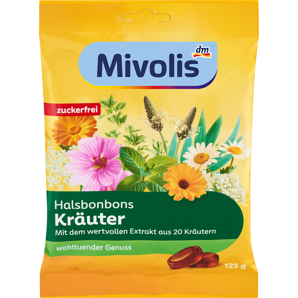 Mivolis Bonbons, Bonbons pour la gorge plantes, sans sucre, 125 g — produit allemand authentique au Maroc