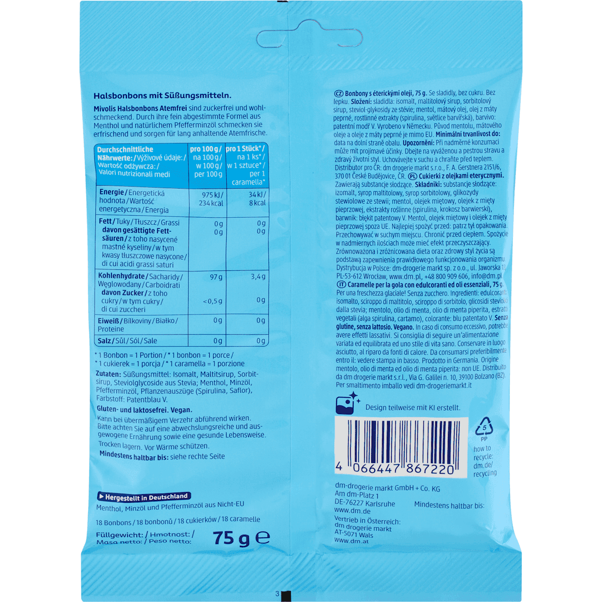 Mivolis Bonbons, Bonbons pour la gorge haleine fraîche, sans sucre, 75 g (Mivolis Bonbon, Halsbonbons Atemfrei, zuckerfrei, 75 g) — produit allemand authentique au Maroc