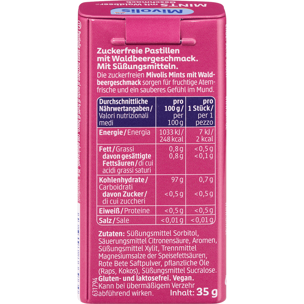 Mivolis pastilles, Mints fruits des bois, sans sucre, 35 g (Mivolis Pastillen, Mints Waldbeere, zuckerfrei, 35 g) — produit allemand authentique au Maroc