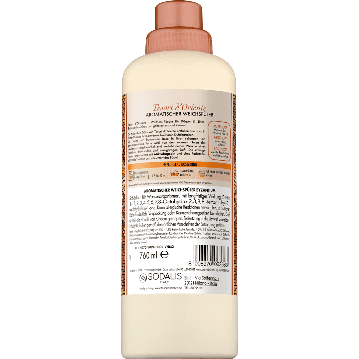 Tesori d'Oriente Assouplissant Byzantium 42 lavages, 760 ml (Tesori d'Oriente Weichspüler Byzantium 42WL, 760 ml) — produit allemand authentique au Maroc