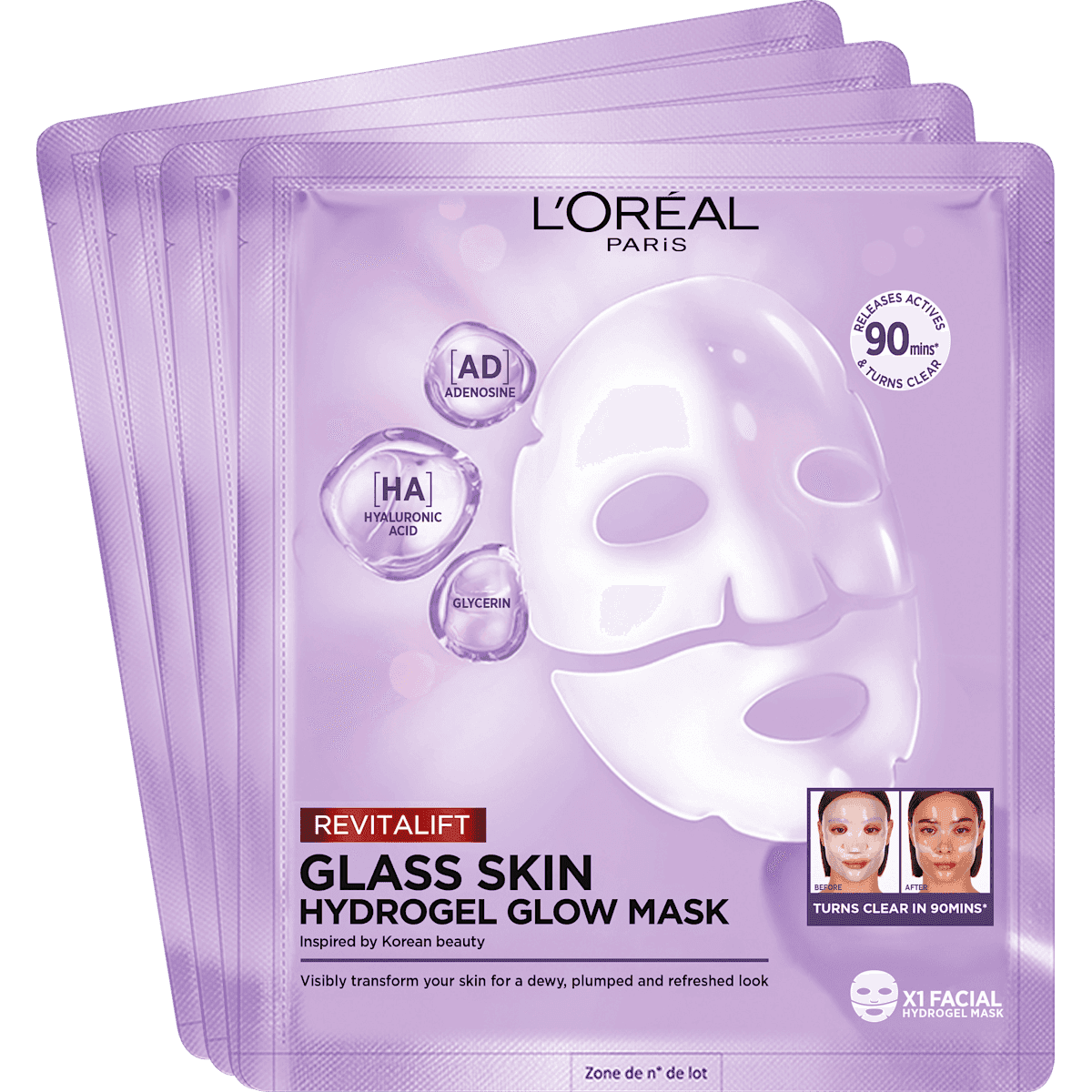 L'ORÉAL PARiS Masque visage Glass Skin Hydrogel Glow Mask Multipack, 4 pièces — produit allemand authentique au Maroc