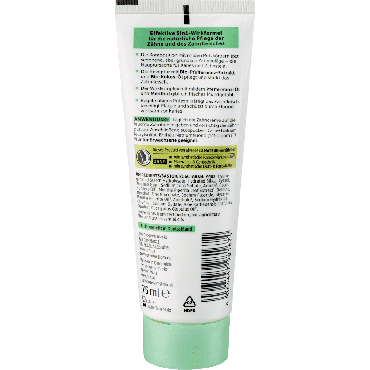alverde NATURKOSMETIK Dentifrice Pfefferminze Total Fresh, 75 ml (alverde NATURKOSMETIK Zahnpasta Pfefferminze Total Fresh, 75 ml) — produit allemand authentique au Maroc