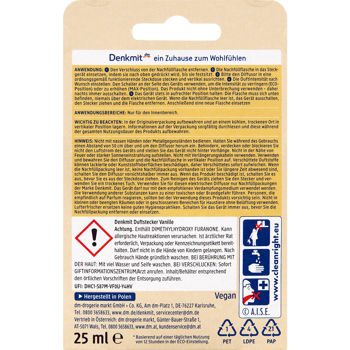Denkmit Diffuseur electric fragrance vanilla refill, 25 ml (Denkmit Lufterfrischer Duftstecker Vanille Nachfüllpack, 25 ml) — authentic German product in Morocco
