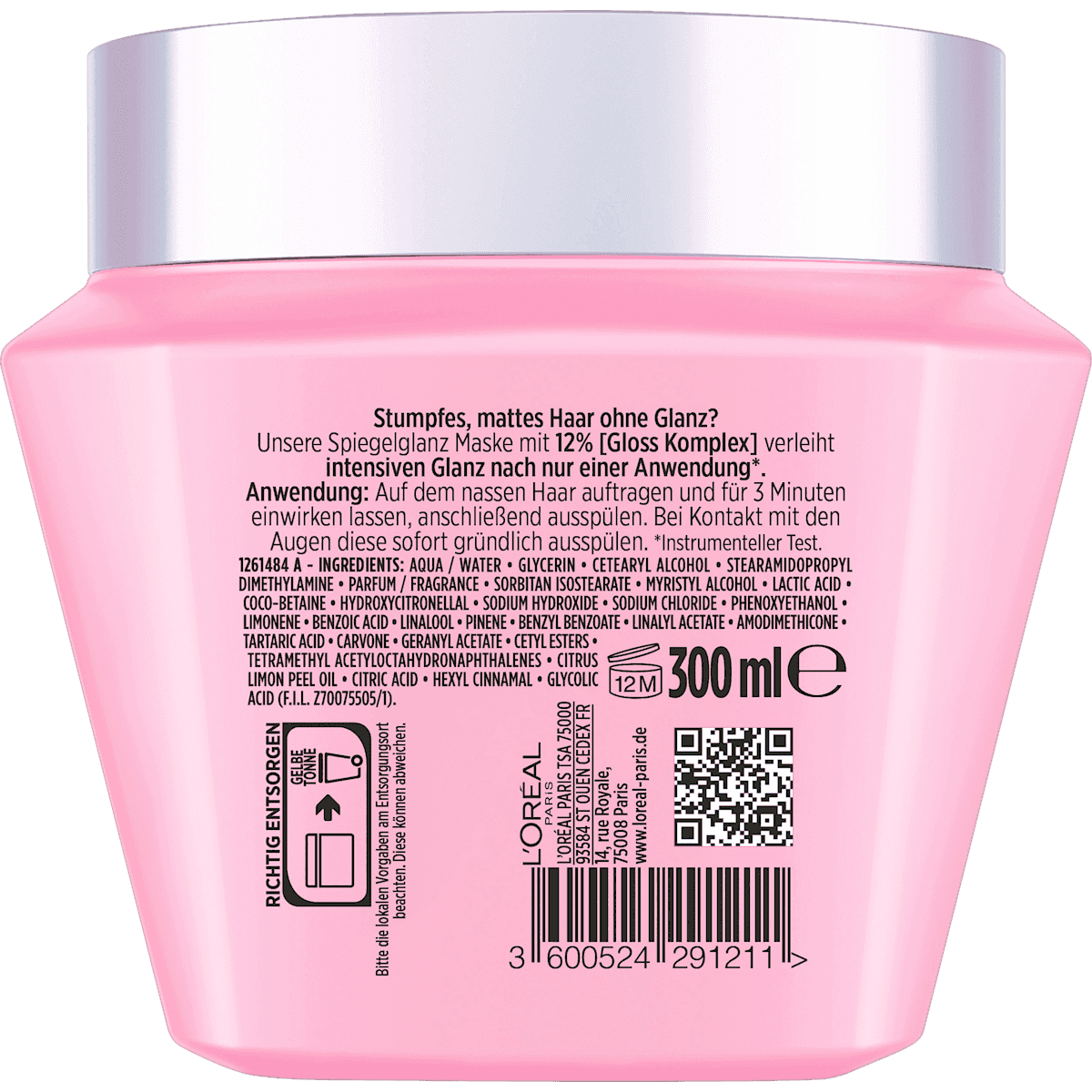L'ORÉAL PARiS ELVITAL Mask hair Glycolic Gloss Spiegelglanz, 300 ml (L'ORÉAL PARiS ELVITAL Haarmaske Glycolic Gloss Spiegelglanz, 300 ml) — authentic German product in Morocco