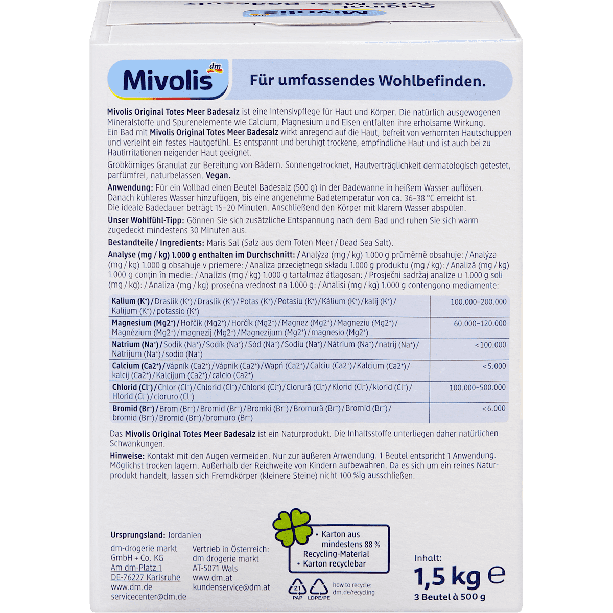 Mivolis Sel de bain de la mer Morte, 1.500 g (Mivolis Totes Meer Badesalz, 1.500 g) — produit allemand authentique au Maroc