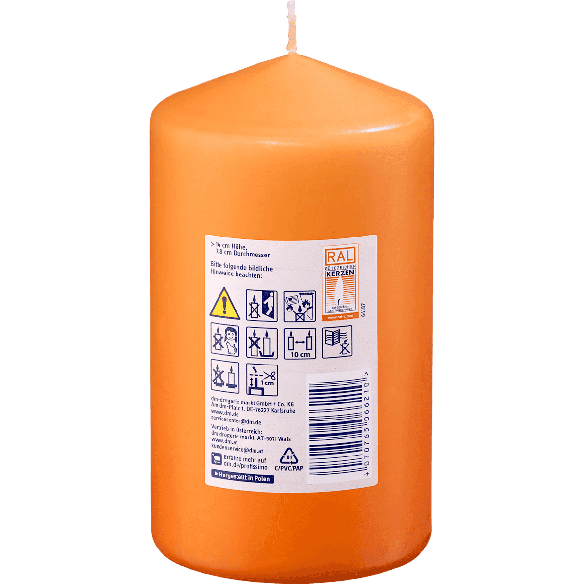 Profissimo Bougie pilier lisse 140/80 orange foncé, 1 pièce (Profissimo Stumpenkerze glatte 140/80 D.Orange, 1 St) — produit allemand authentique au Maroc