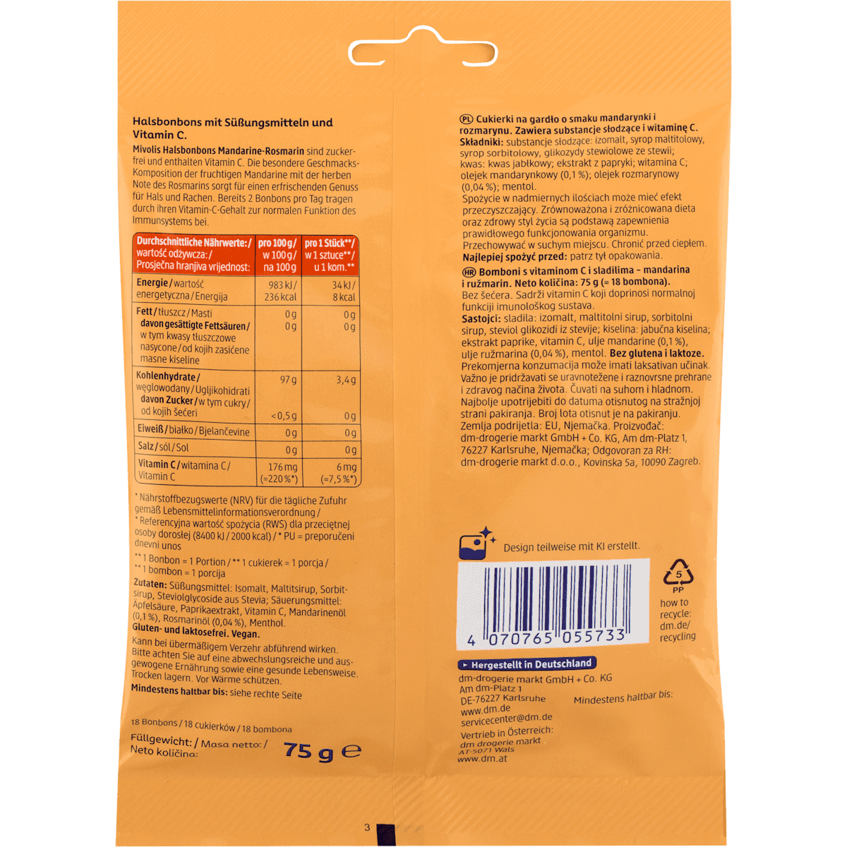 Mivolis Bonbons, Bonbons pour la gorge Mandarine-romarin, 75 g (Mivolis Bonbon, Halsbonbons Mandarine-Rosmarin, 75 g) — produit allemand authentique au Maroc