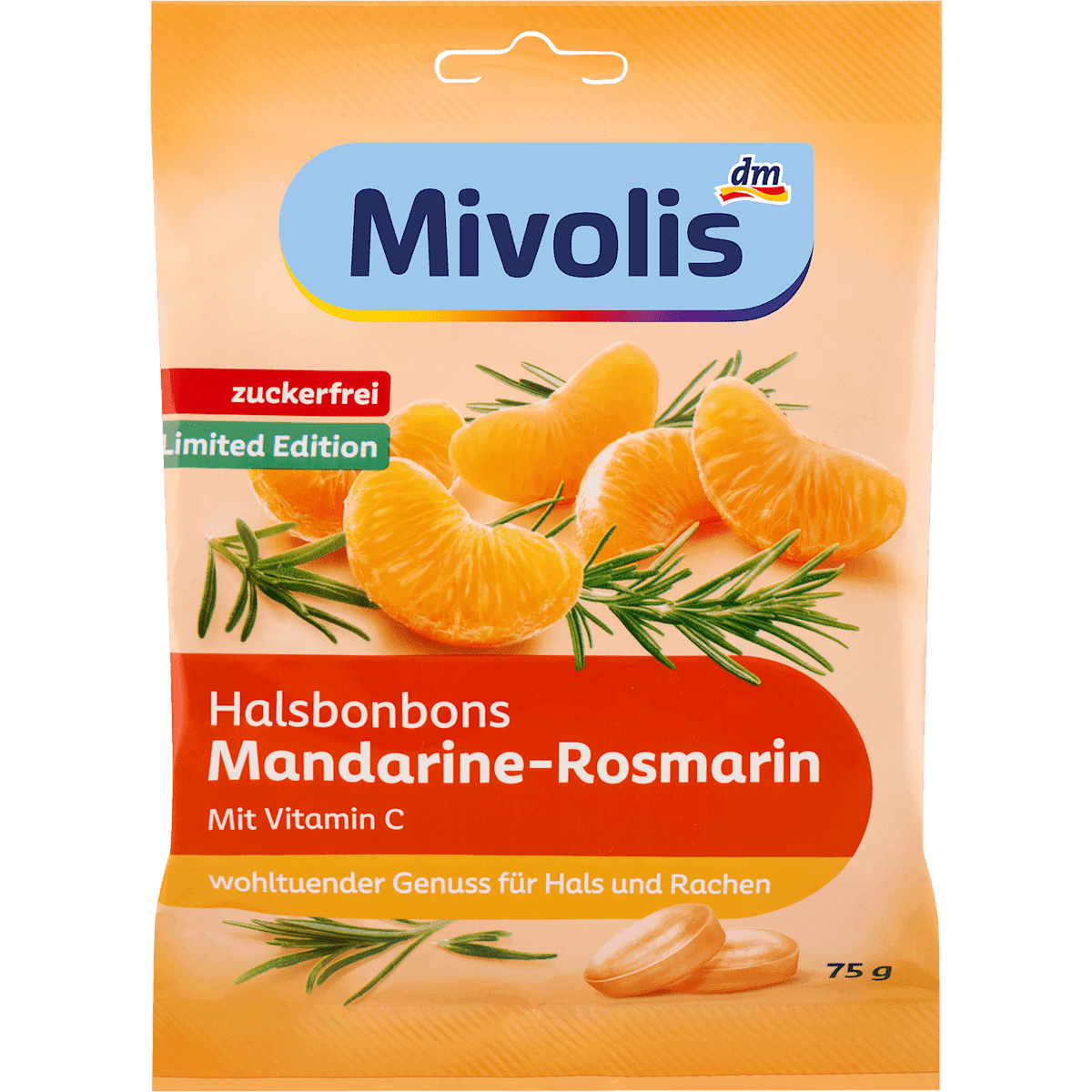 Mivolis Bonbons, Bonbons pour la gorge Mandarine-romarin, 75 g — produit allemand authentique au Maroc