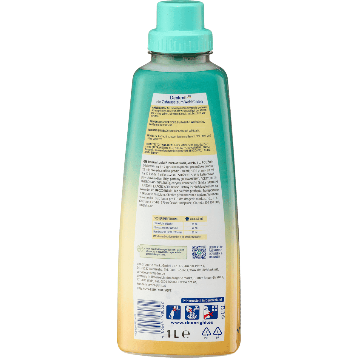 Denkmit Assouplissant Touch of Brazil 40 lavages, 1 l (Denkmit Weichspüler Touch of Brazil 40WL, 1 l) — produit allemand authentique au Maroc
