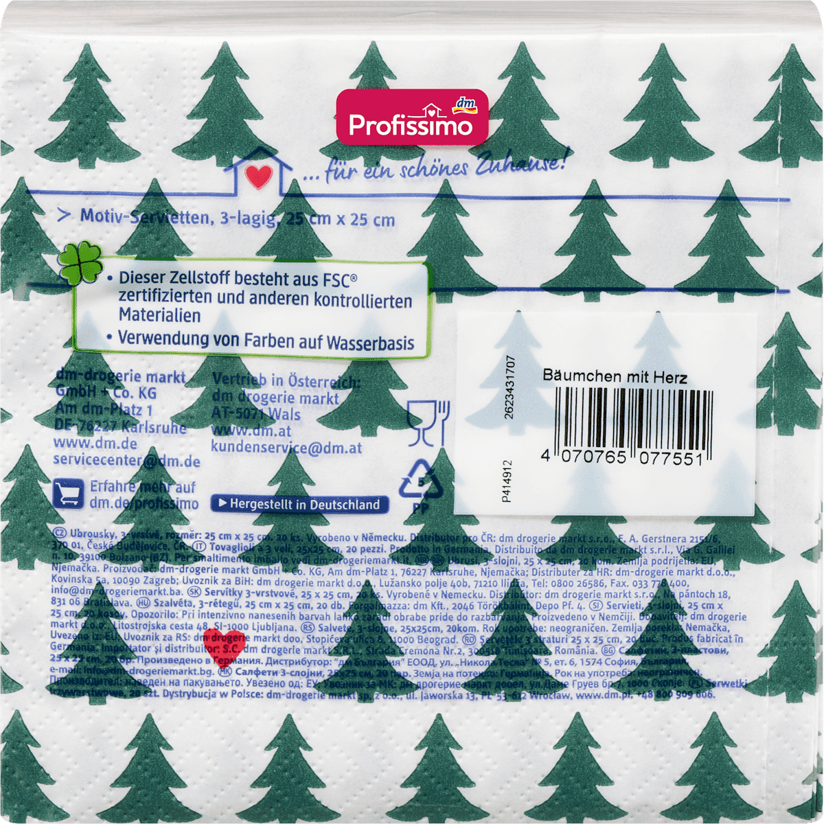 Profissimo Towels in paper "small sapins with Coeur" (25x25 cm), 20 pcs (Profissimo Servietten "Bäumchen mit Herz" (25x25 cm), 20 St) — authentic German product in Morocco