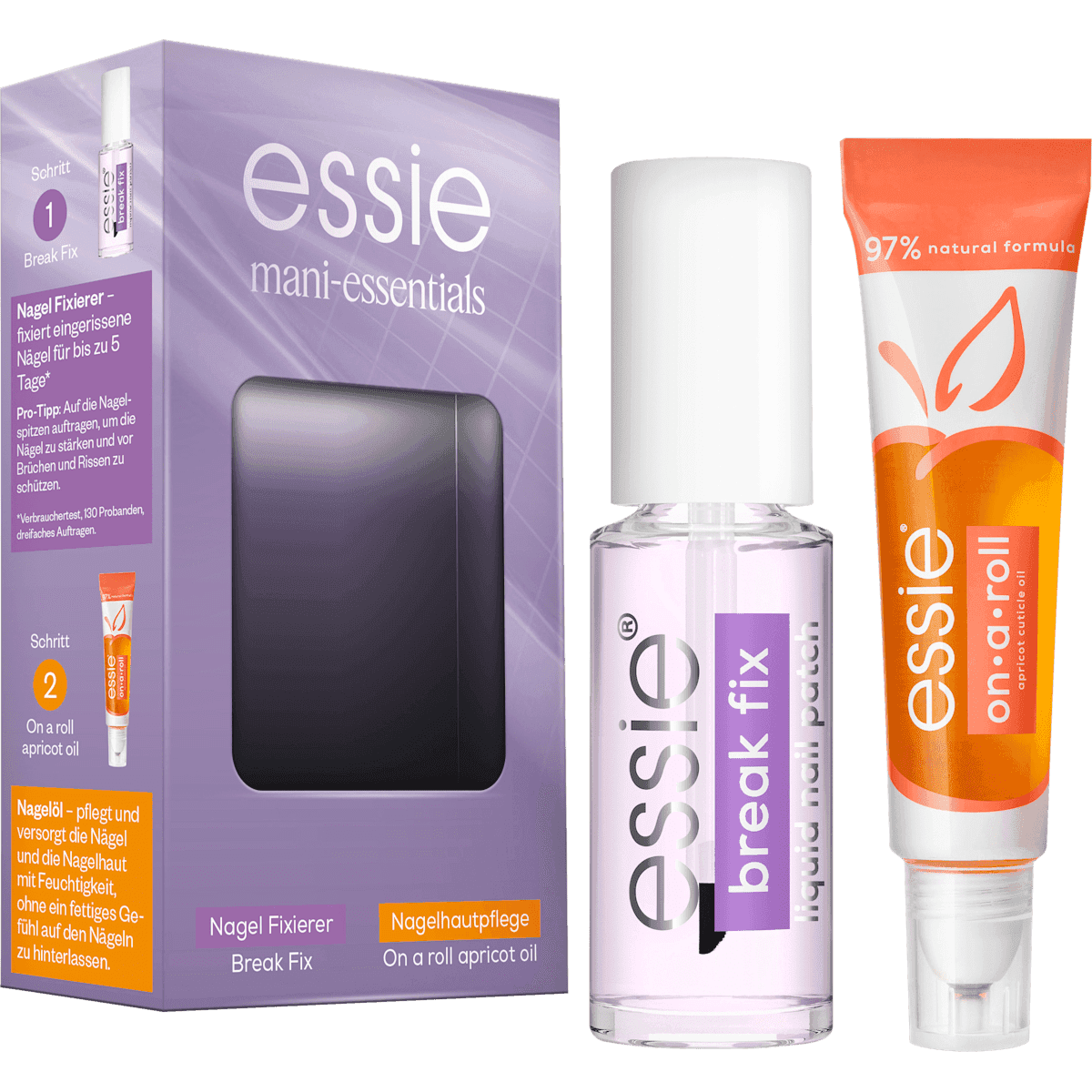 essie Soin des ongles Set Break Fix fixateur de vernis & On a roll abricot Cuticle Oil, 1 pièce — produit allemand authentique au Maroc