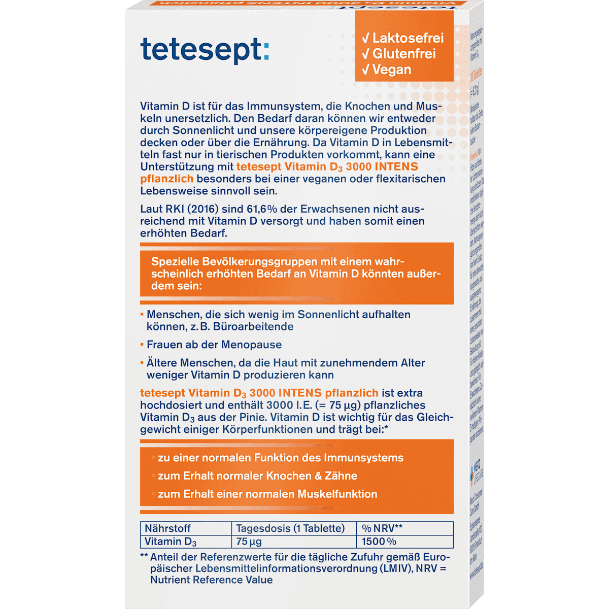 tetesept Vitamine D3 3000 végétal comprimés 30 pièces, 9,21 g (tetesept Vitamin D3 3000 Pflanzlich Tabletten 30 St, 9,21 g) — produit allemand authentique au Maroc