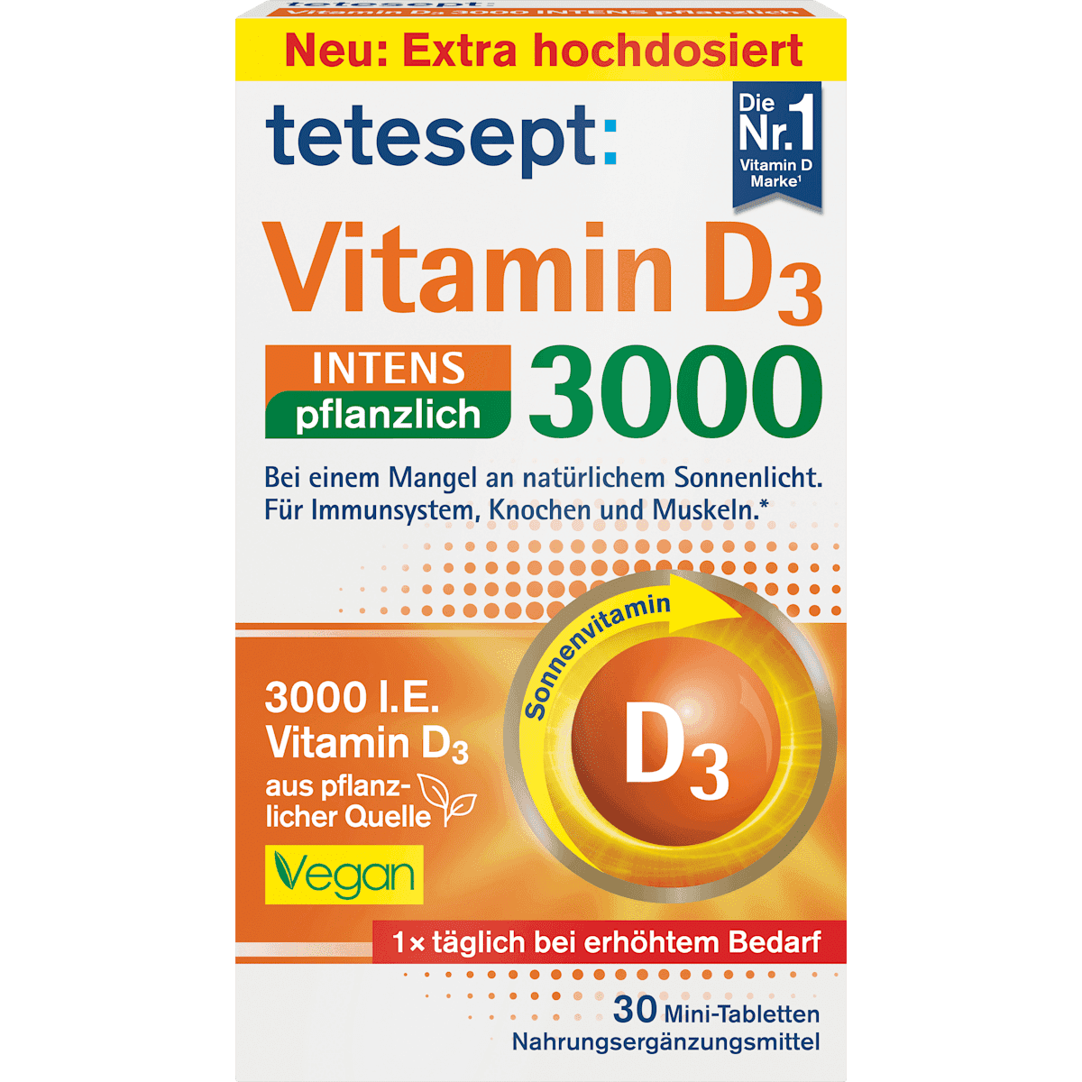 tetesept Vitamine D3 3000 végétal comprimés 30 pièces, 9,21 g (tetesept Vitamin D3 3000 Pflanzlich Tabletten 30 St, 9,21 g) — produit allemand authentique au Maroc