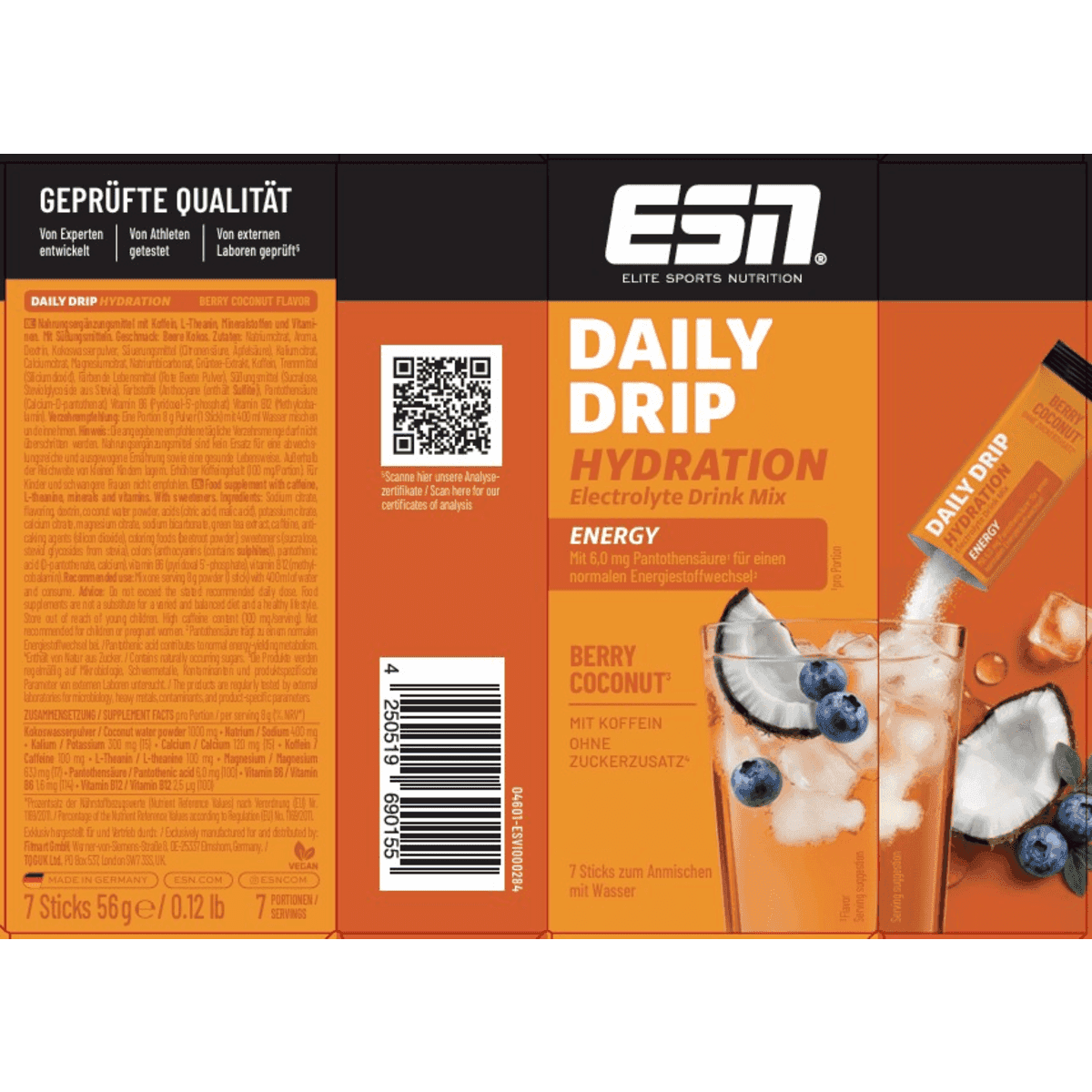 ESN Daily Drip Hydration Energy sticks 7 pièces, Berry Coconut, 56 g (ESN Daily Drip Hydration Energy Sticks 7 St, Berry Coconut, 56 g) — produit allemand authentique au Maroc