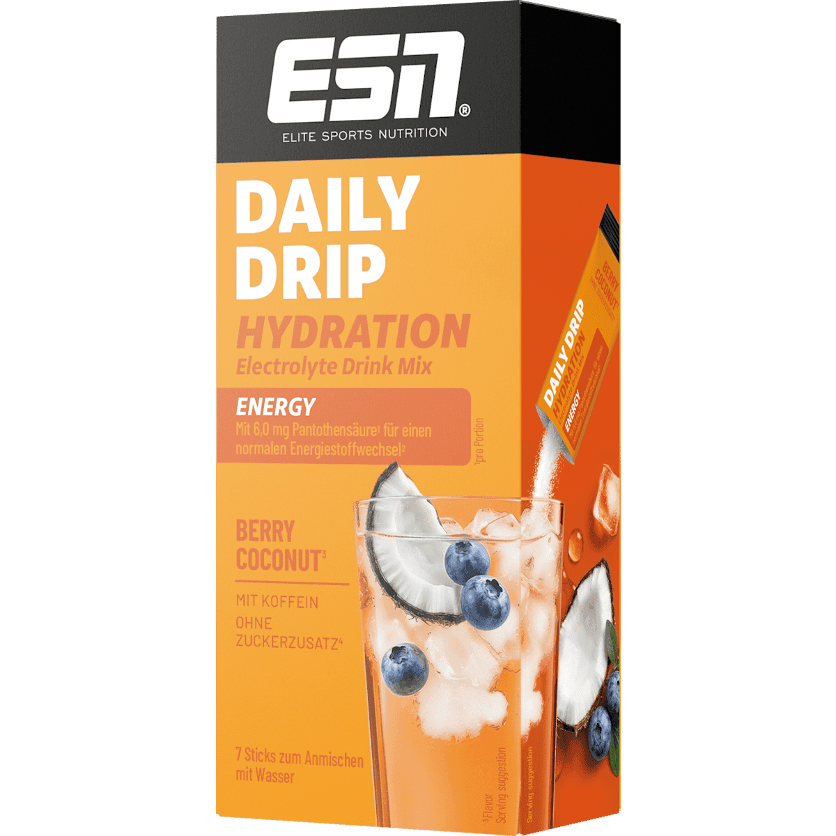 ESN Daily Drip Hydration Energy sticks 7 pièces, Berry Coconut, 56 g — produit allemand authentique au Maroc