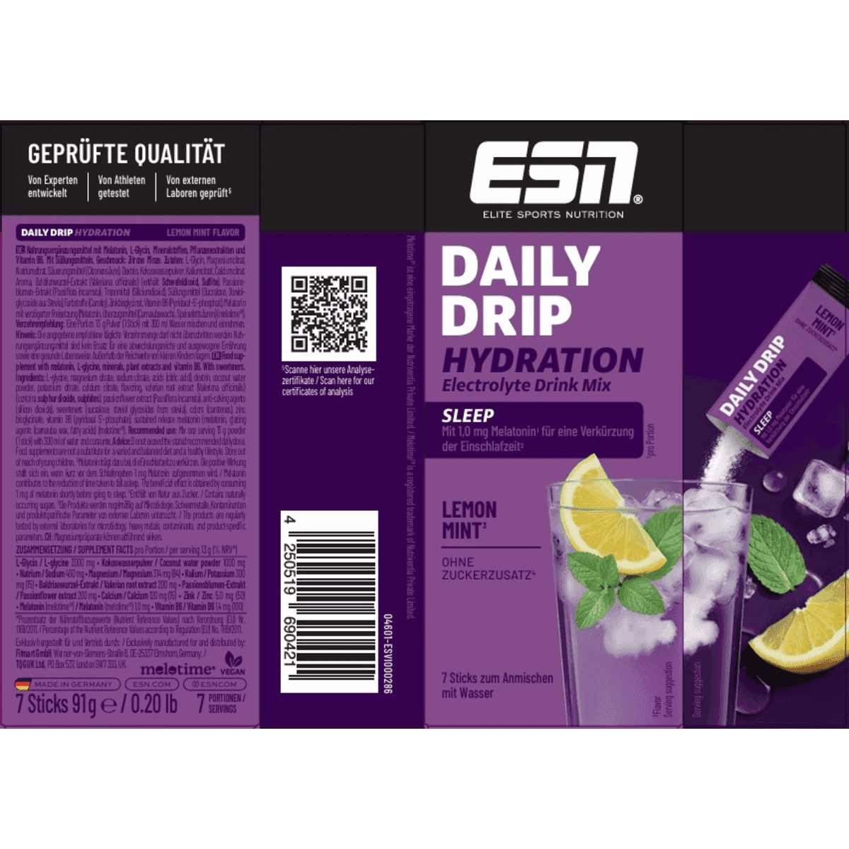ESN Daily Drip Hydration Sleep sticks 7 pièces, Lemon Mint, 91 g (ESN Daily Drip Hydration Sleep Sticks 7 St, Lemon Mint, 91 g) — produit allemand authentique au Maroc