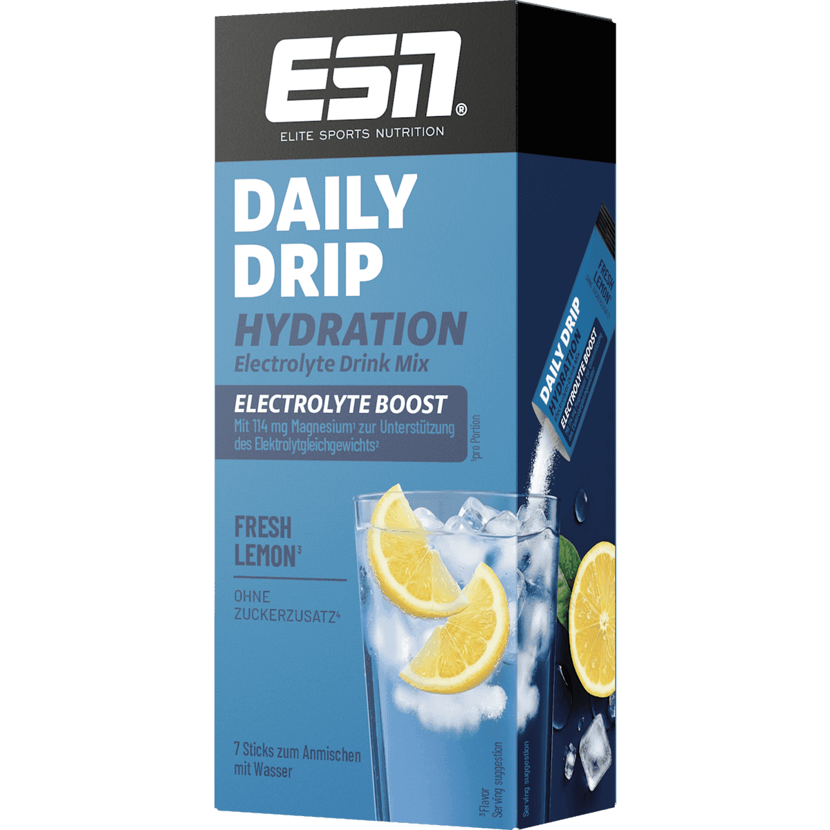 ESN Daily Drip Hydration Electrolyte Boost sticks 7 pièces, Fresh Lemon, 91 g — produit allemand authentique au Maroc