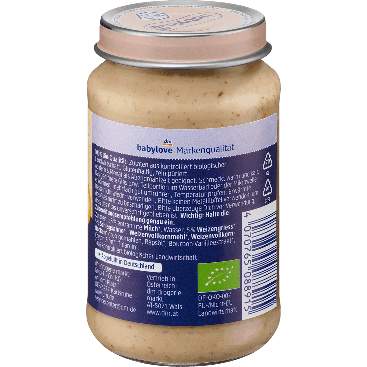 Babylove Bouillie du soir semoule vanille-cannelle dès 6 mois, 190 g (Babylove Abendbrei Grieß Vanille-Zimt ab dem 6. Monat, 190 g) — produit allemand authentique au Maroc