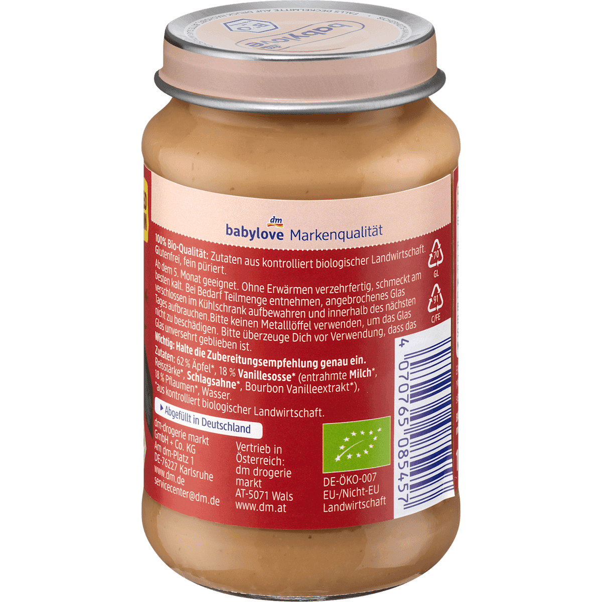 Babylove fruits pomme au four purée de prune & sauce vanille dès 5 mois, 190 g (Babylove Früchte Bratapfel Pflaumenpüree & Vanille-Soße ab dem 5. Monat, 190 g) — produit allemand authentique au Maroc