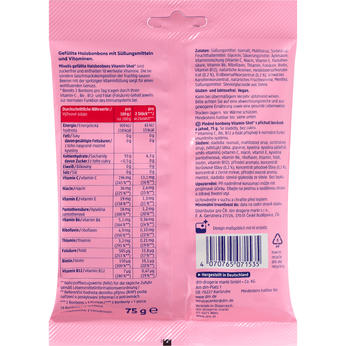 Mivolis Bonbons, Bonbons for throat Vitamin-Shot blueberry-strawberry, fourrés, without sucre, 75 g (Mivolis Bonbon, Halsbonbons Vitamin-Shot Heidelbeere-Erdbeere, gefüllt, zuckerfrei, 75 g) — authentic German product in Morocco