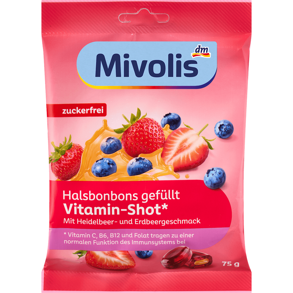 Mivolis Bonbons, Bonbons pour la gorge Vitamine-Shot myrtille-fraise, fourrés, sans sucre, 75 g — produit allemand authentique au Maroc