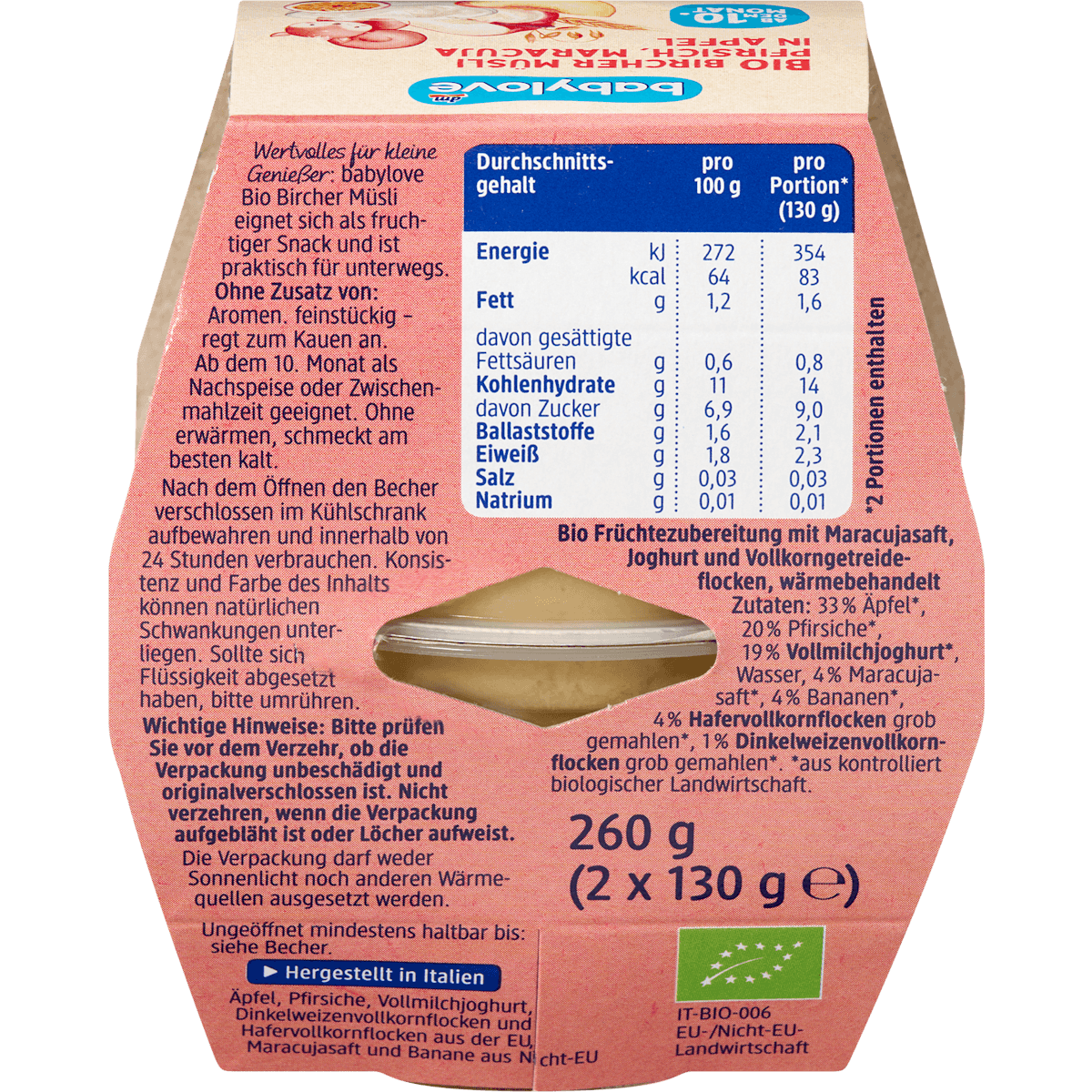 Babylove fruits & céréales Bircher Muesli pêche, Maracuja et pomme dès 10 mois, 2 x 130 g, 260 g (Babylove Frucht & Getreide Bircher Müsli Pfirsich, Maracuja in Apfel ab dem 10. Monat, 2 x 130 g, 260 g) — produit allemand authentique au Maroc