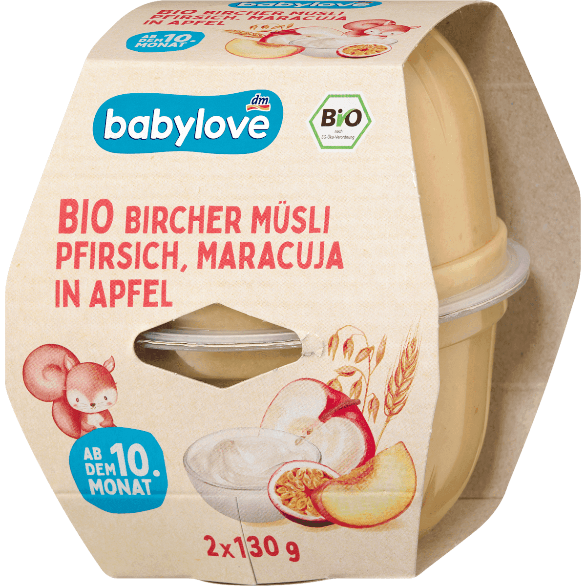 Babylove fruits & céréales Bircher Muesli pêche, Maracuja et pomme dès 10 mois, 2 x 130 g, 260 g — produit allemand authentique au Maroc