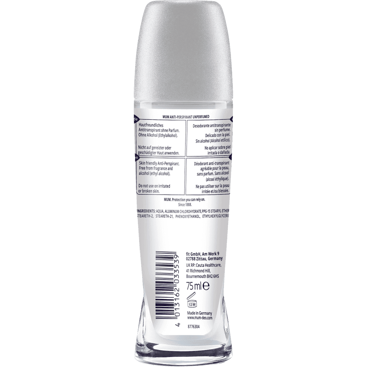 MUM anti-transpirant Déodorant bille Unperfumed Protection, 75 ml (MUM Antitranspirant Deo Roll-on Unperfumed Protection, 75 ml) — produit allemand authentique au Maroc