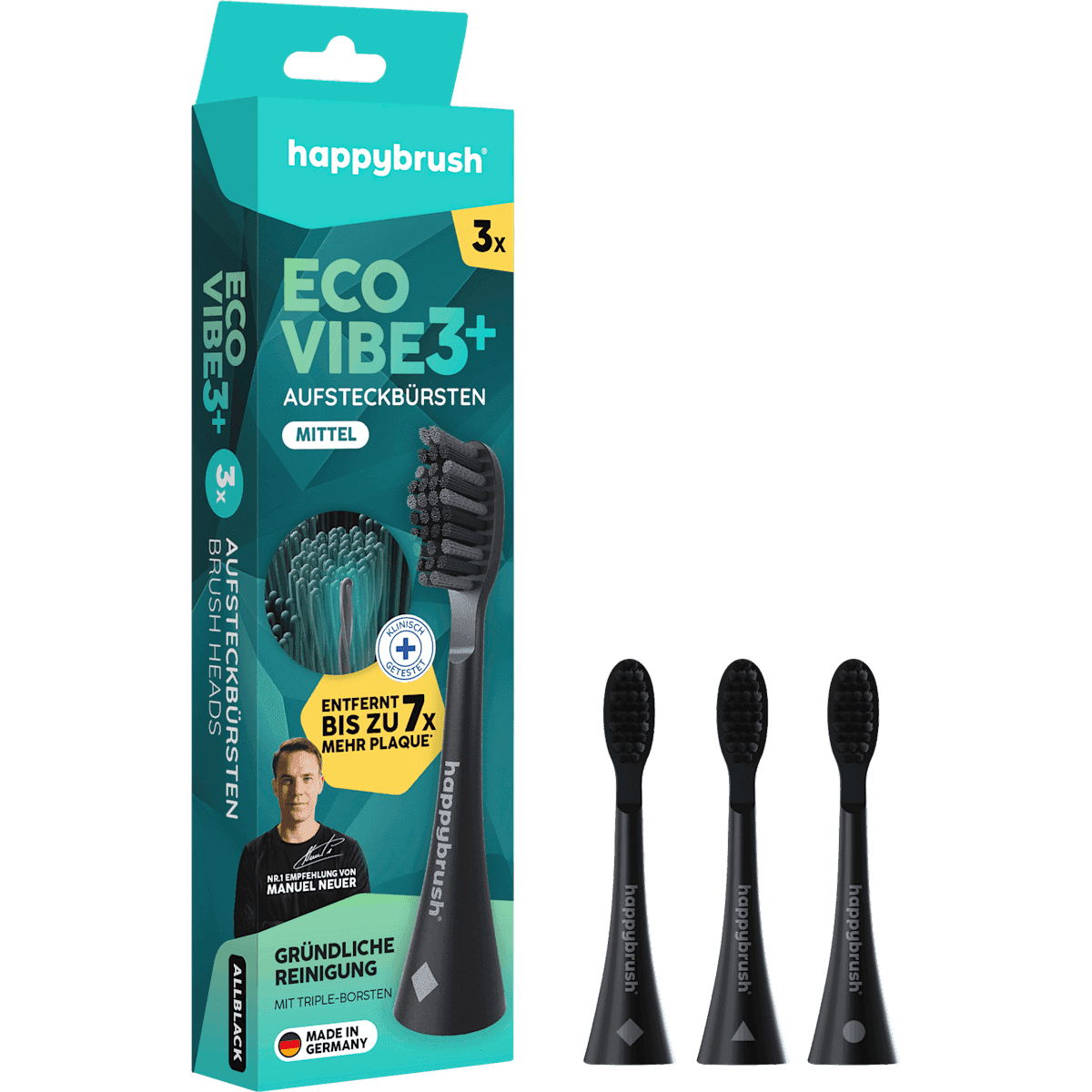 happybrush Brossettes de rechange Eco Vibe 3+ all black, 3 pièces — produit allemand authentique au Maroc
