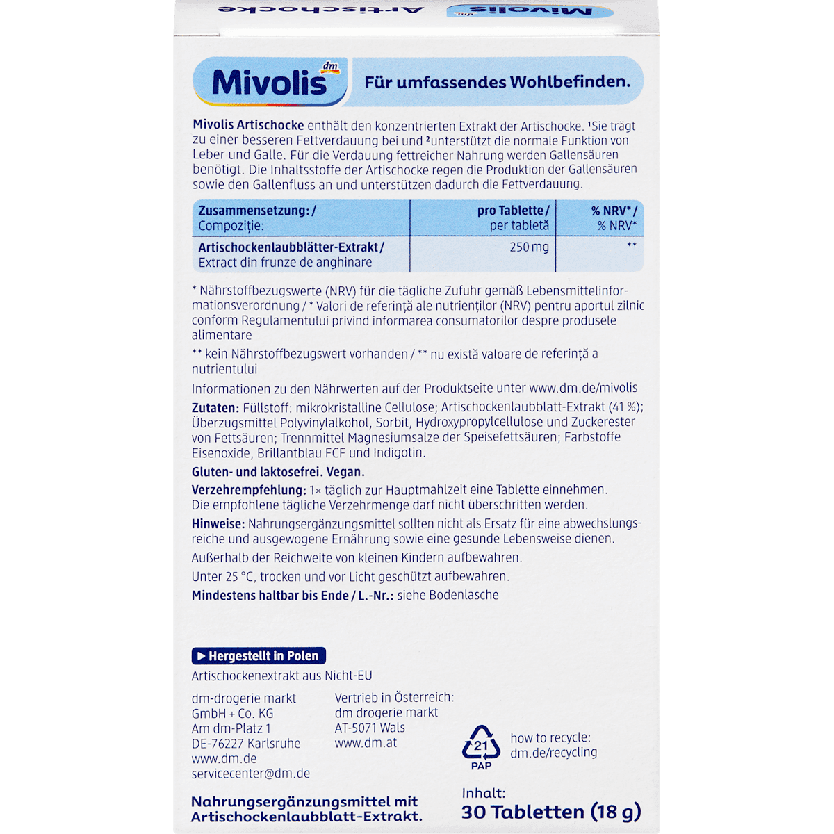 Mivolis artichaut comprimés 30 pièces, 18 g (Mivolis Artischocke Tabletten 30 St, 18 g) — produit allemand authentique au Maroc