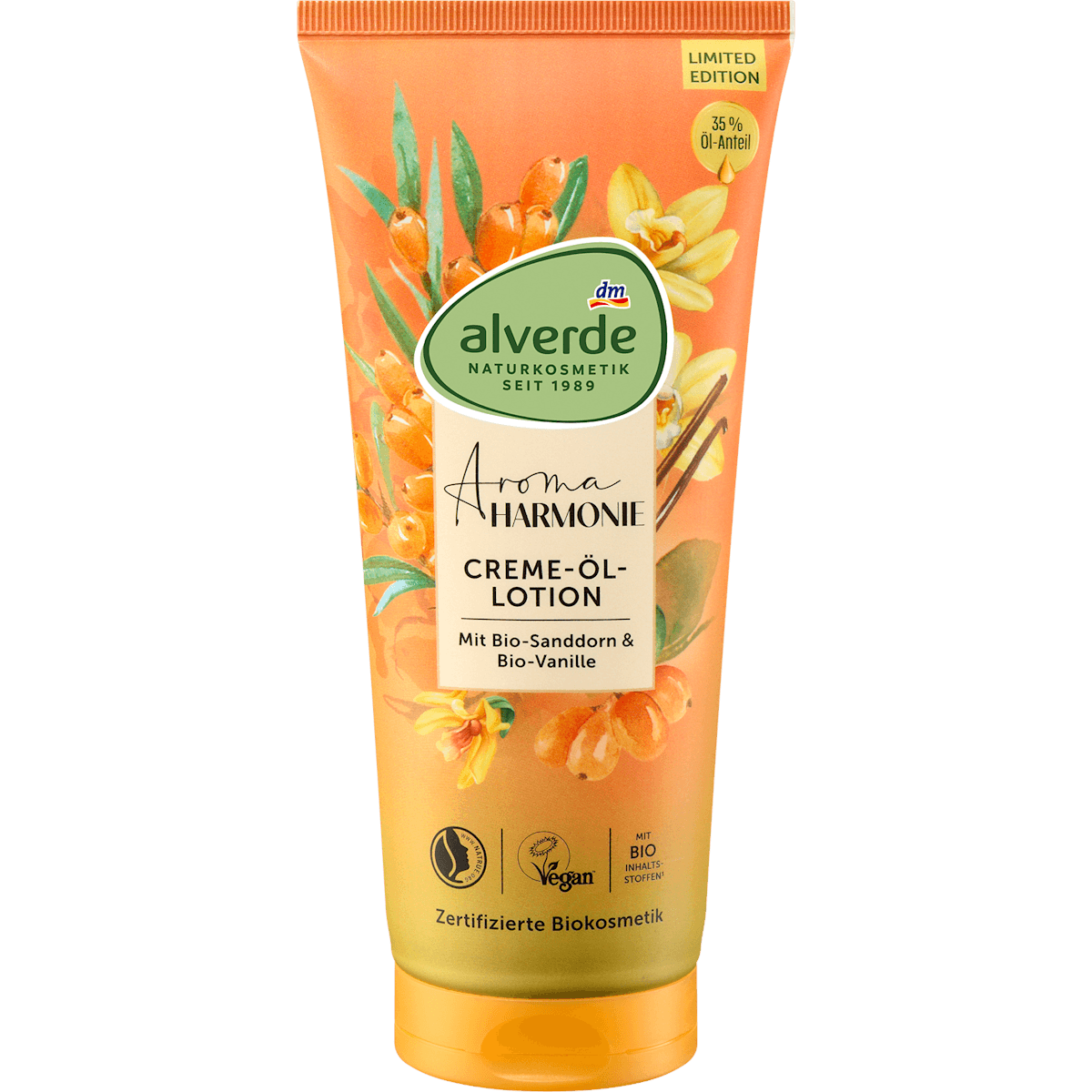 alverde NATURKOSMETIK Lait corporel Cremeöl Lotion argousier & vanille, 200 ml — produit allemand authentique au Maroc