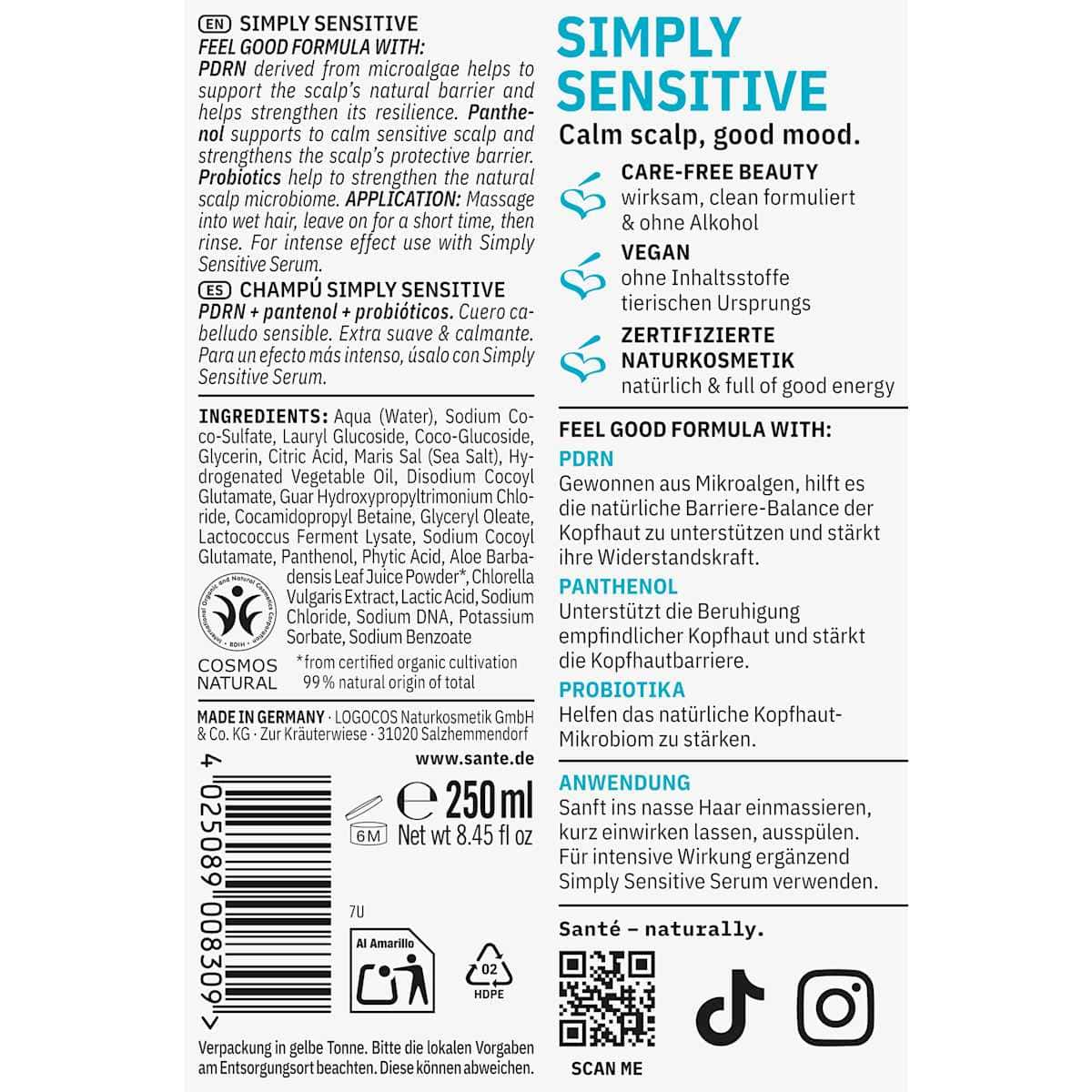 Santé naturally. Shampooing Simply Sensitive, 250 ml (Santé naturally. Shampoo Simply Sensitive, 250 ml) — produit allemand authentique au Maroc