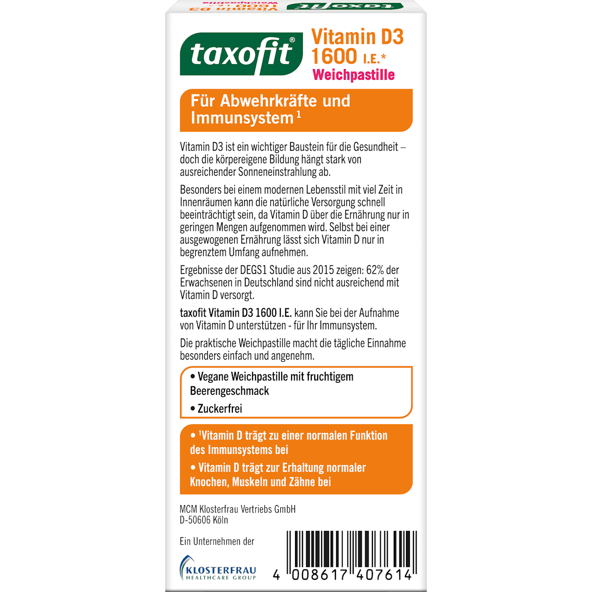 taxofit Vitamine D 3 1600 UI Weichpastillen 20 pièces, 20 g (taxofit Vitamin D 3 1600 I.E. Weichpastillen 20 St, 20 g) — produit allemand authentique au Maroc