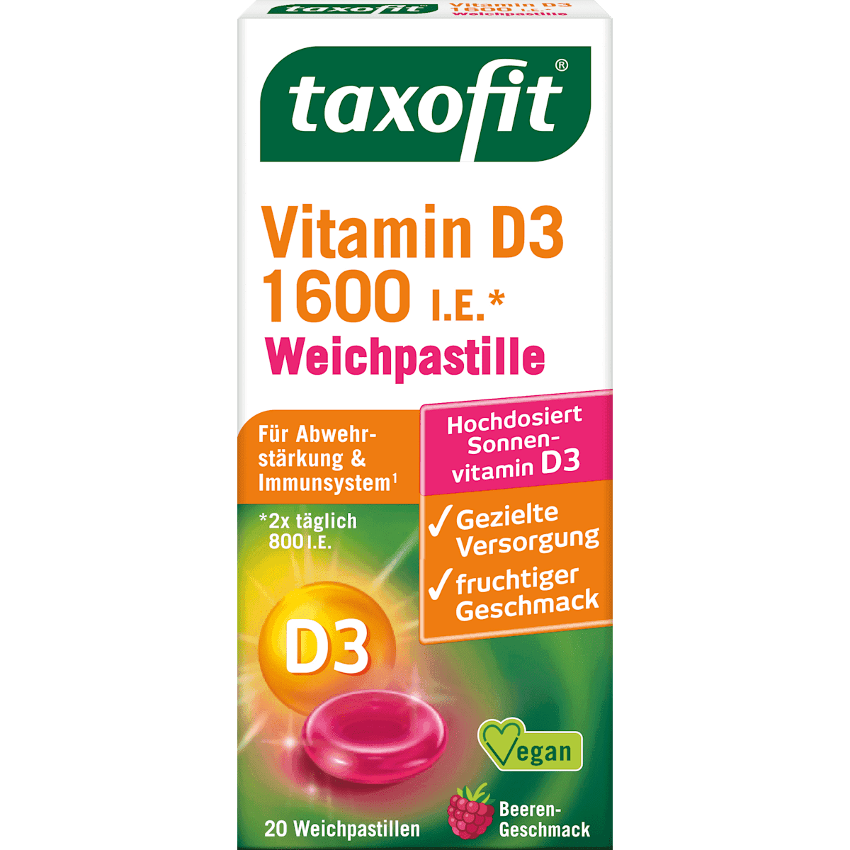 taxofit Vitamine D 3 1600 UI Weichpastillen 20 pièces, 20 g (taxofit Vitamin D 3 1600 I.E. Weichpastillen 20 St, 20 g) — produit allemand authentique au Maroc